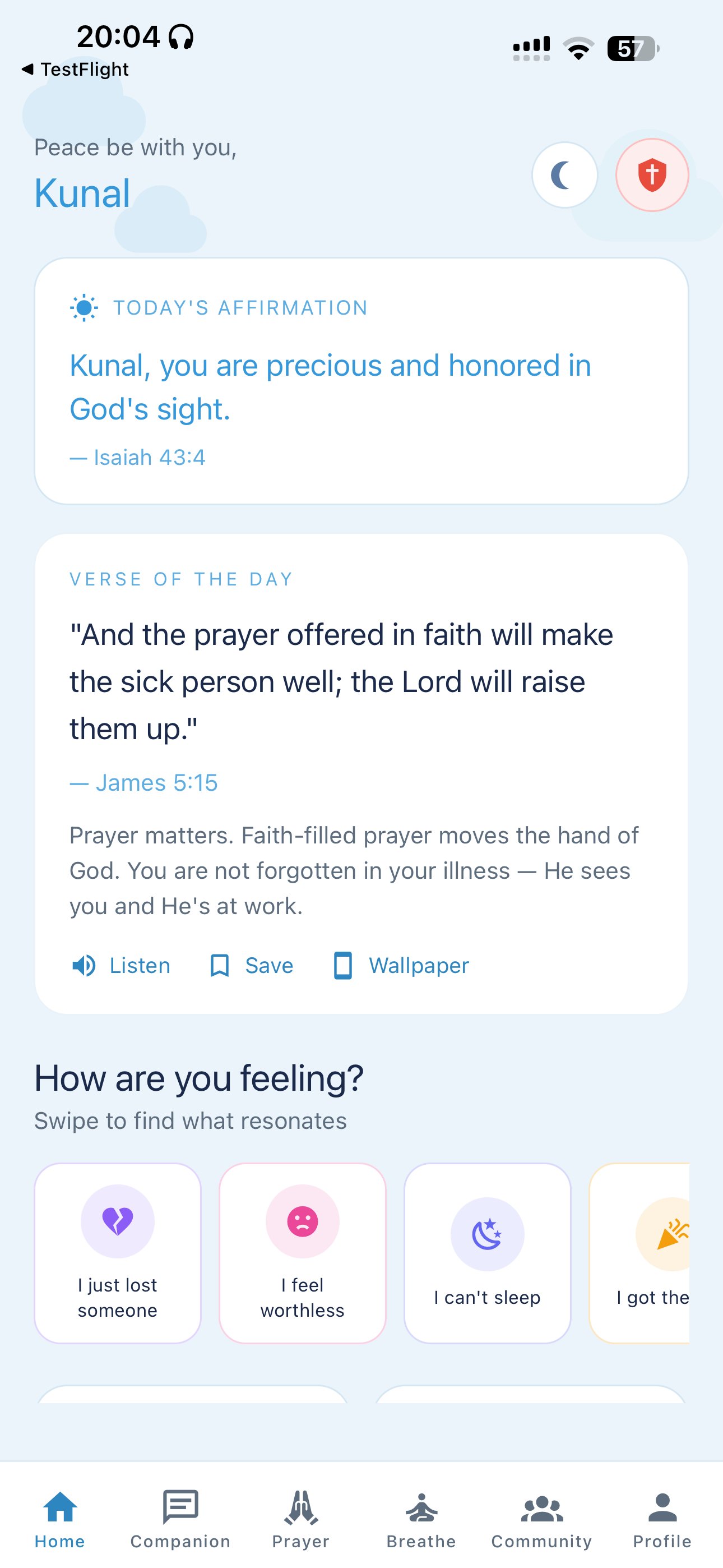 Yeshua app home screen showing Today's Affirmation, Verse of the Day, and emotion selector